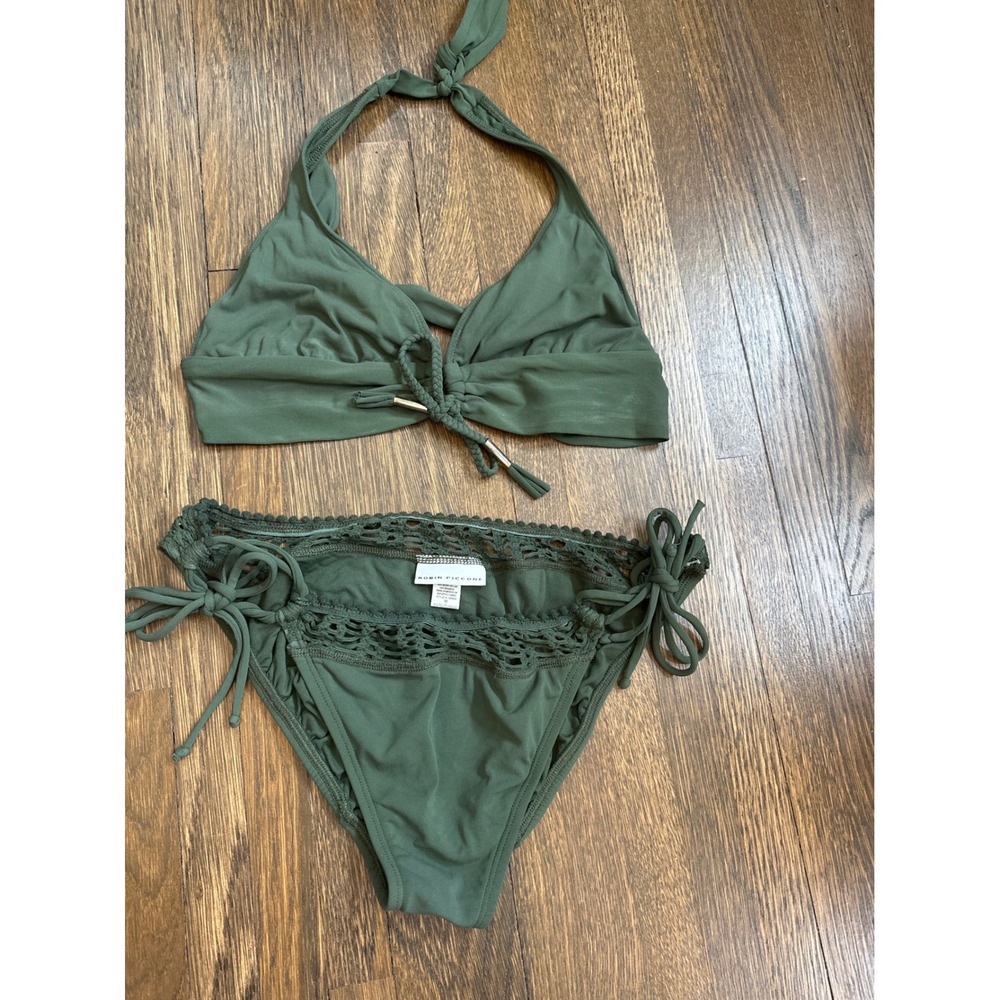 Robin Piccone Olive Green Crochet Halter Bikini Set Size Medium 171705 140583
